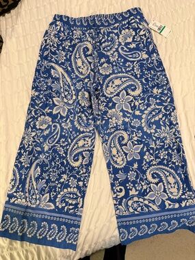 Karen Kane Blue and White Paisley Drawstring Pants